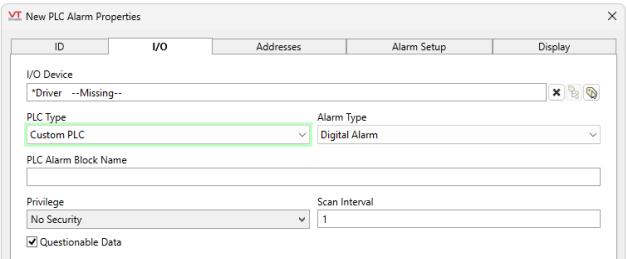 Access this properties dialog through the tag browser. Right-click the PLC Alarm tag and select 'properties' and navigate to the I/O tab. Configure I/O Device, PLC Type, Alarm Type, PLC Alarm Block Name, Custom Security Privileges, Scan Interval and Questional Data settings.