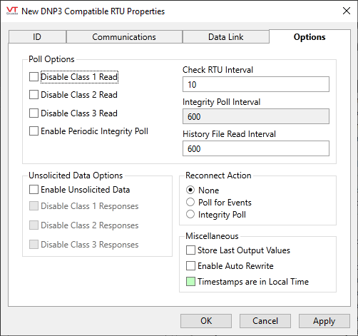 DNP3 driver options tab