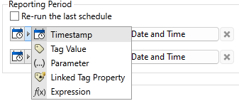 Reporting Period options including Timestamp, Tag Value, Parameter, Linked Tag Property, and Expression