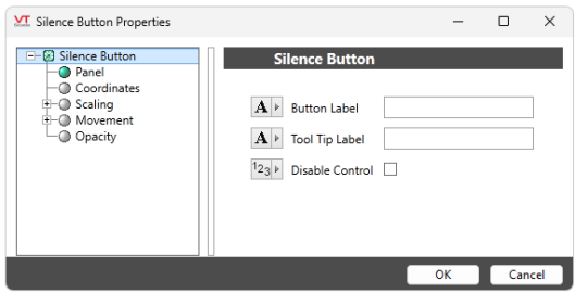 Access this properties dialog through Idea Studio by right-clicking on the Silence Button widget and selecting "properties". Configure button label, and tool tip label or disable control.