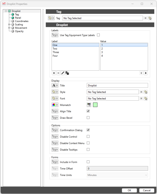 This dialog can be found through the Idea Studio. Right-click on the droplist widget and select Properties. This widget has a wide range of settings for its appearance and behaviour.