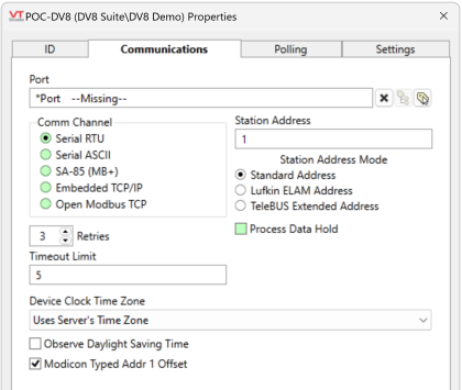 The communications tab of the DV8 tag properties is where you link a port tag and configure communications settings