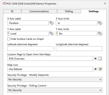 Custom settings including information relavant to widget and overview displays, and security.