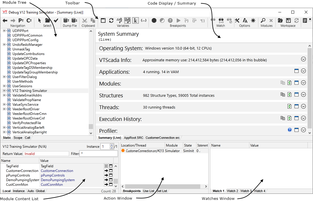 The source debugger displays everything under the hood of an application with tools to toggle and explore specific functions and modules.