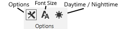 Access interface options, change the font size or toggle between daytime and nighttime mode.